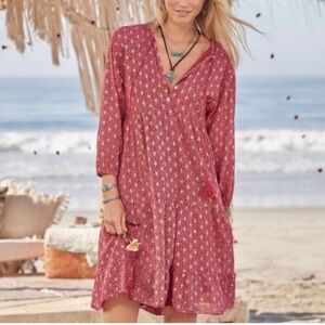 Scandal Italy Ordell Pink Gold Boho Chic Tiered V-neck Tassel Mini Dress size L